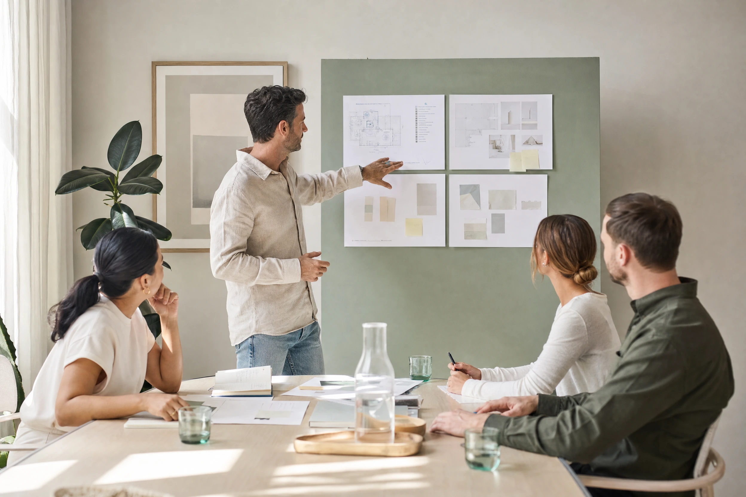 Illustrative scene: a small team discusses project progress
